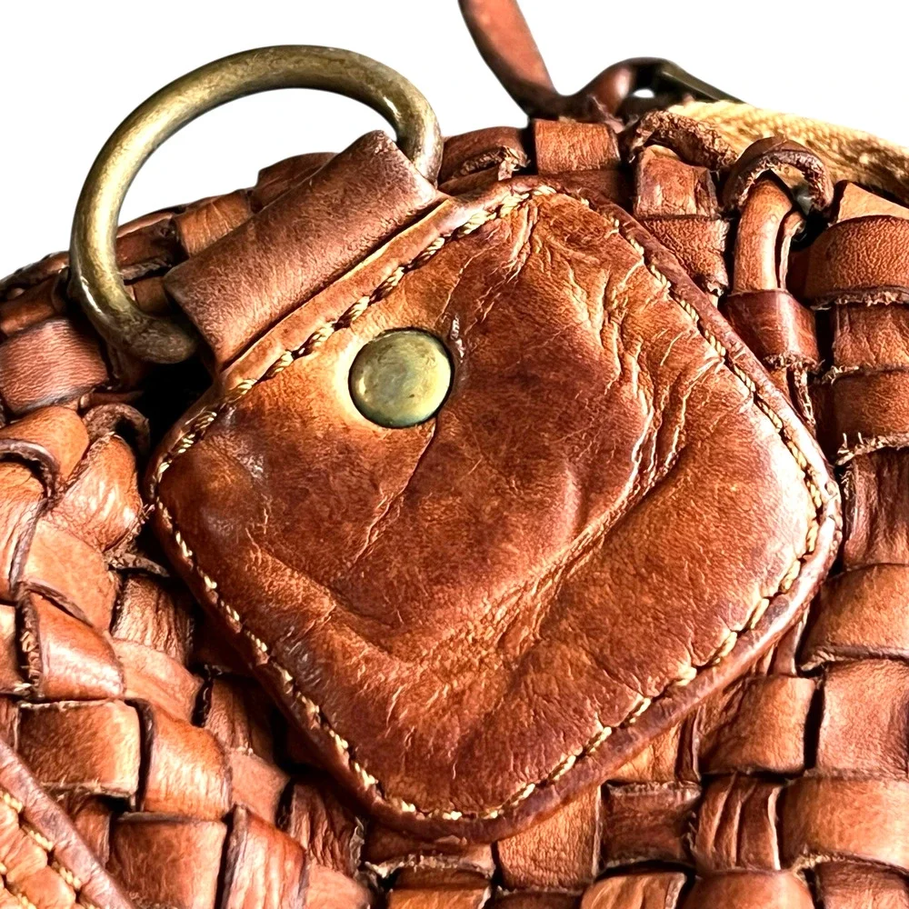 Bruno Magli Brown Woven Leather Duffle Satchel Travel Bag Made Italy Y2K
